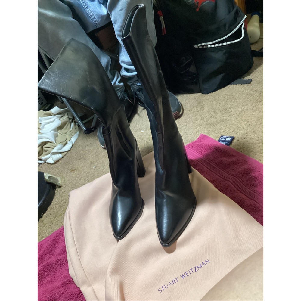 Stuart Weitzman Black Leather Pointed Toe Block Heel Mid-Calf Boots 8.5